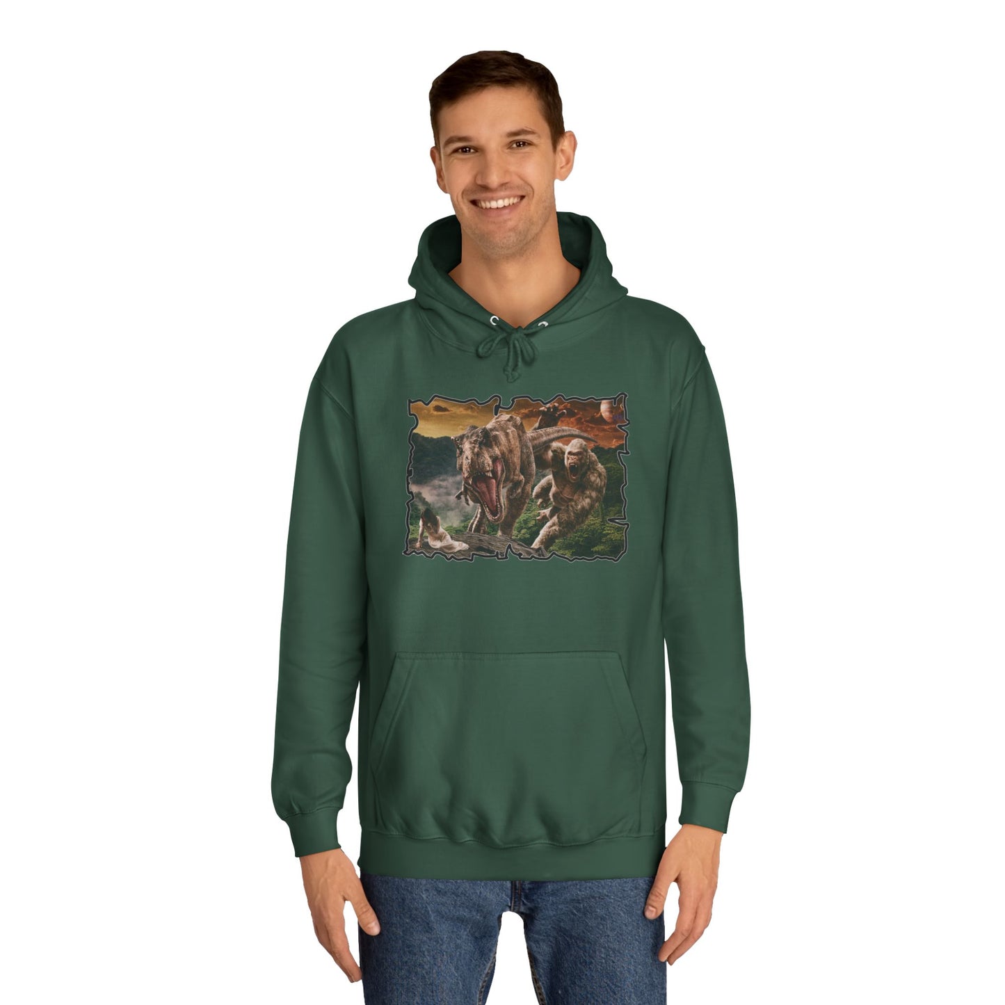 Get Yours Now -- Gorilla vs T-Rex saving woman in distress  (Hoodie - Cozy and Durable)
