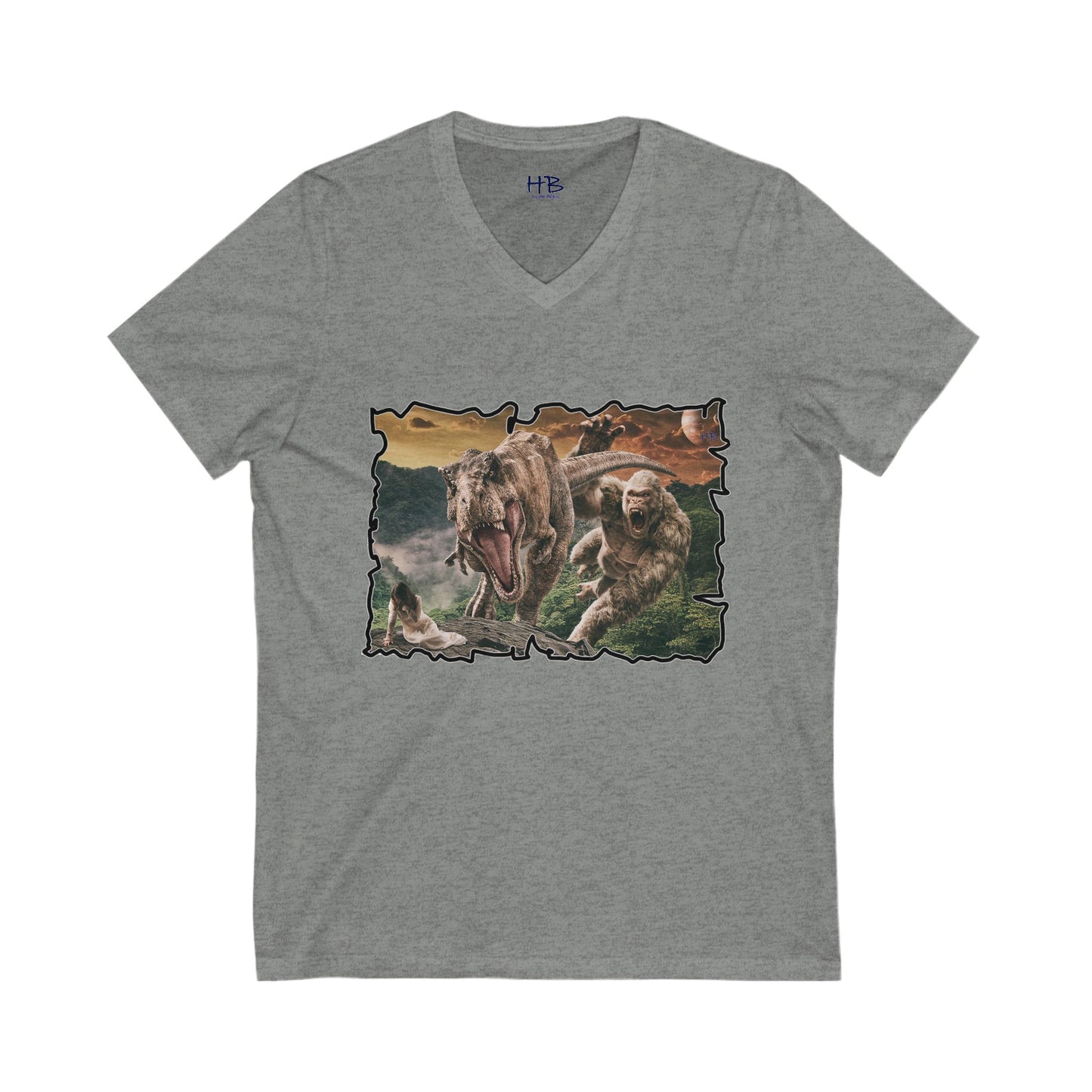 Gorilla vs T-Rex saving woman in distress (Unisex Jersey Short Sleeve V-neck - Comfortable Everyday Wear)