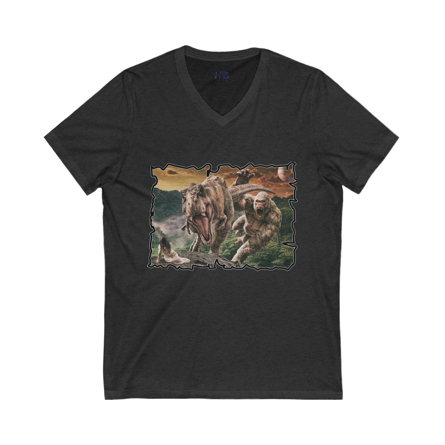 Gorilla vs T-Rex saving woman in distress (Unisex Jersey Short Sleeve V-neck - Comfortable Everyday Wear)