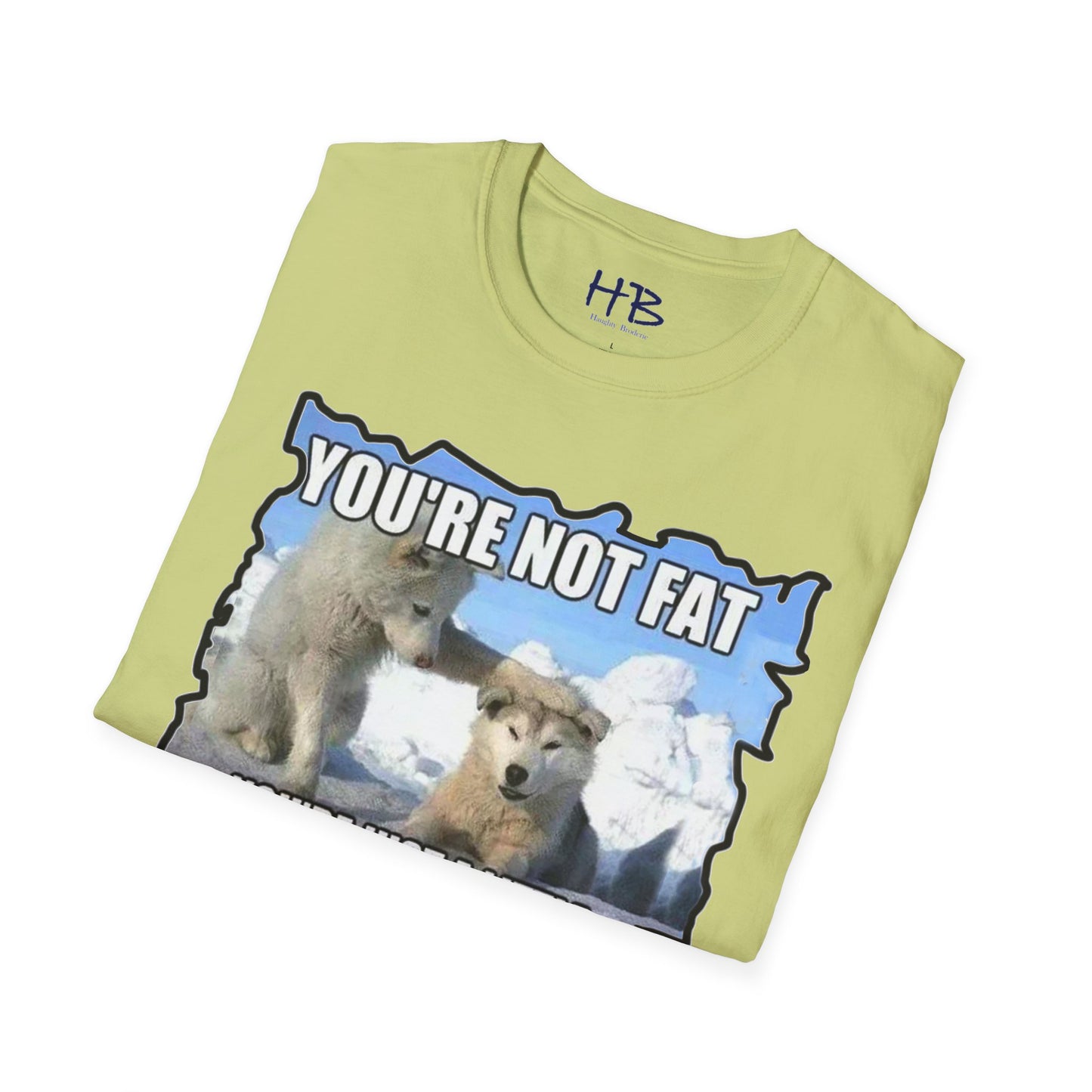 Two chubby husky dogs comforting each other about being husky