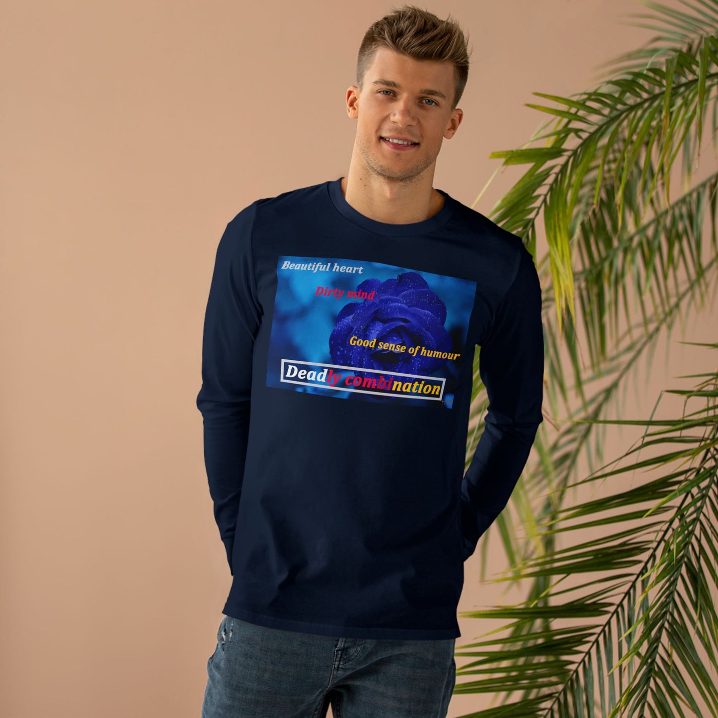 Sophisticated Edge Deadly Combo Elegance meets Attitude using Dark Blue Rose (Men's Base Longsleeve Tee - All-Season Wear)