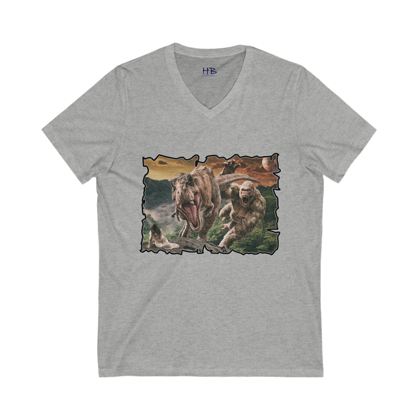 Gorilla vs T-Rex saving woman in distress (Unisex Jersey Short Sleeve V-neck - Comfortable Everyday Wear)