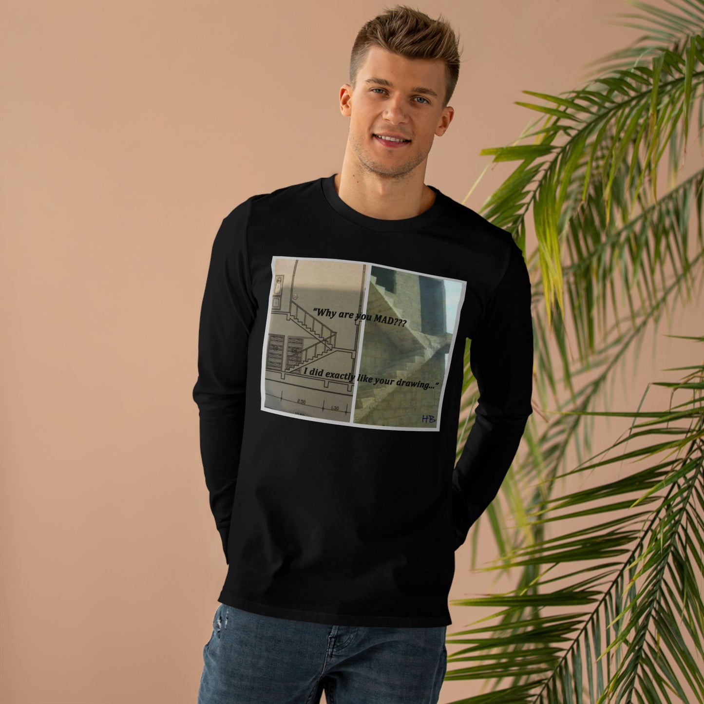 Get Yours Now -- Comical Architectural Irony Stairs Sketch (Men's Base Longsleeve Tee - All-Season Wear)