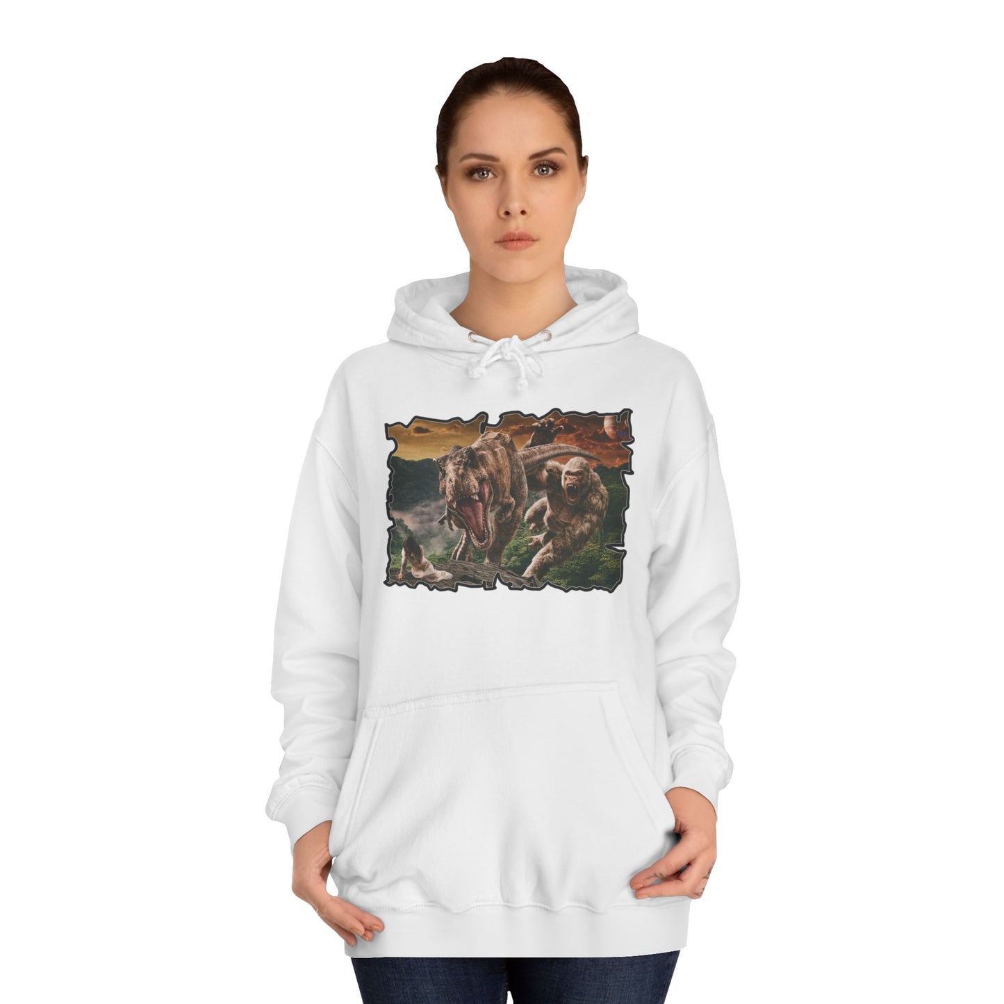 Get Yours Now -- Gorilla vs T-Rex saving woman in distress  (Hoodie - Cozy and Durable)