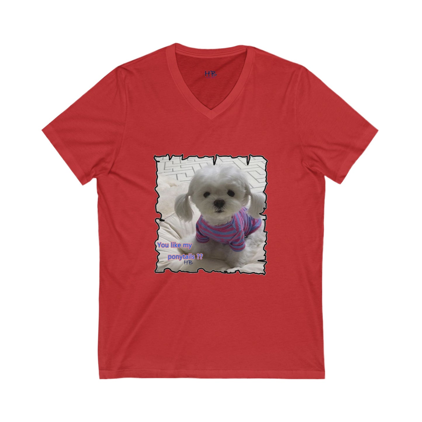 Bichon Maltese extra cute ponytails (Unisex Jersey Short Sleeve V-neck - Comfortable Everyday Wear)