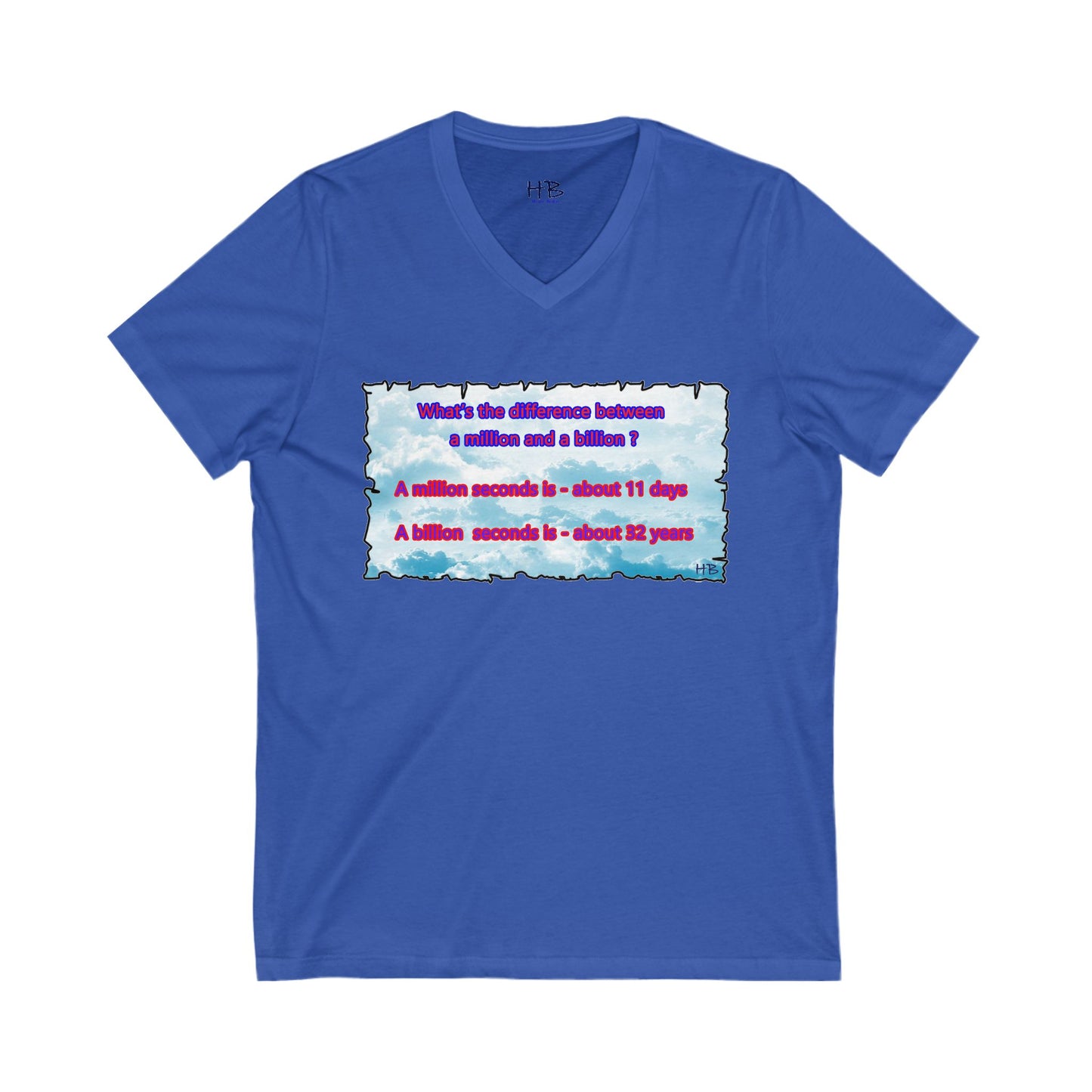 Difference between million and billion calculated in seconds (Unisex Jersey Short Sleeve V-neck - Comfortable Everyday Wear)
