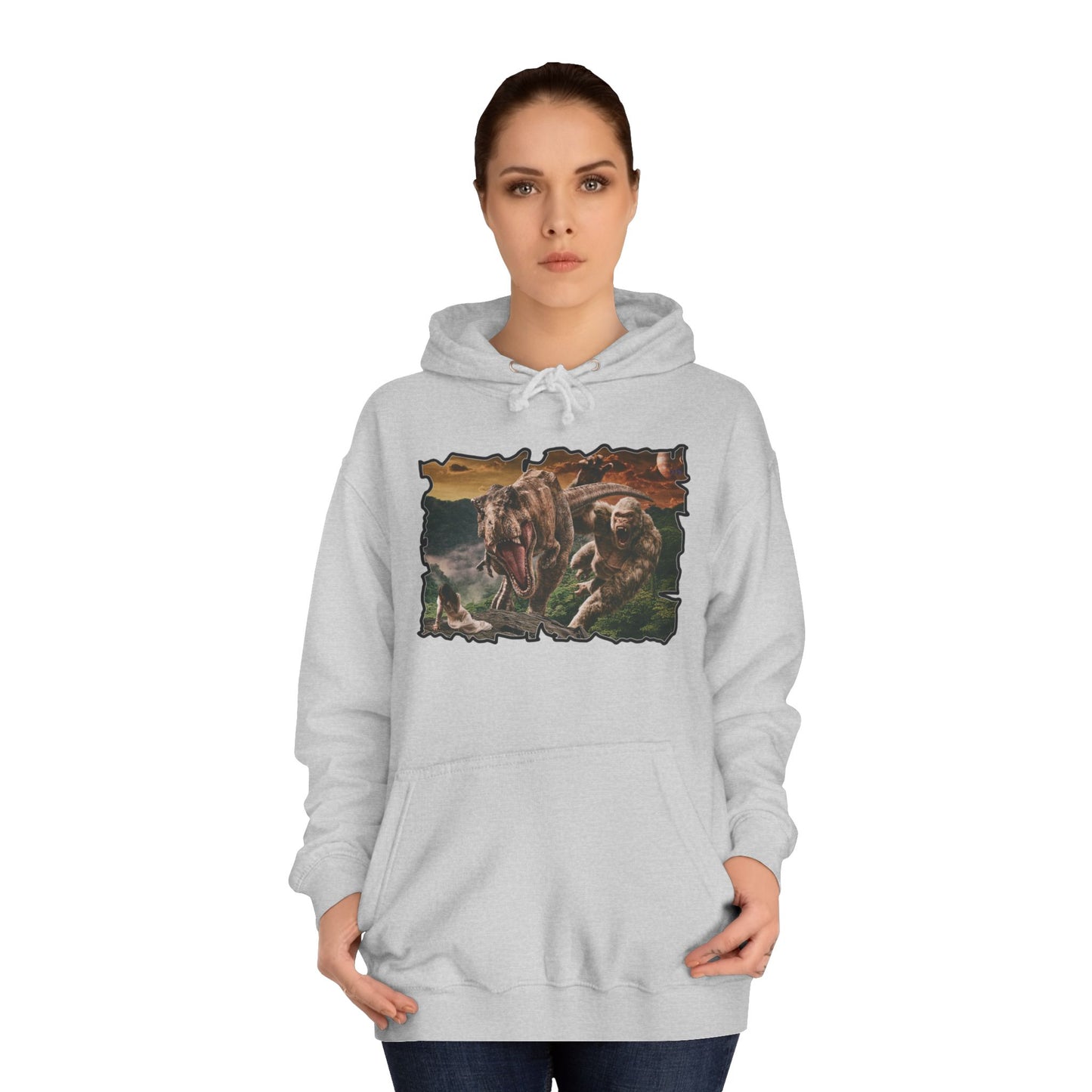 Get Yours Now -- Gorilla vs T-Rex saving woman in distress  (Hoodie - Cozy and Durable)