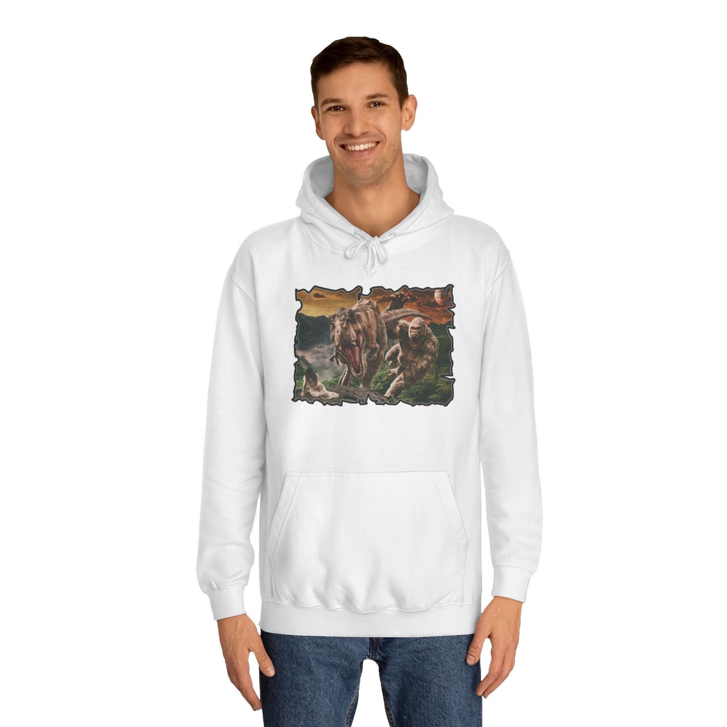 Get Yours Now -- Gorilla vs T-Rex saving woman in distress  (Hoodie - Cozy and Durable)