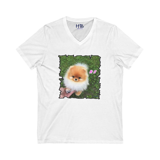 "Hi !!" Tiny adorable Bichon Maltese  (Unisex Jersey Short Sleeve V-neck - Comfortable Everyday Wear)