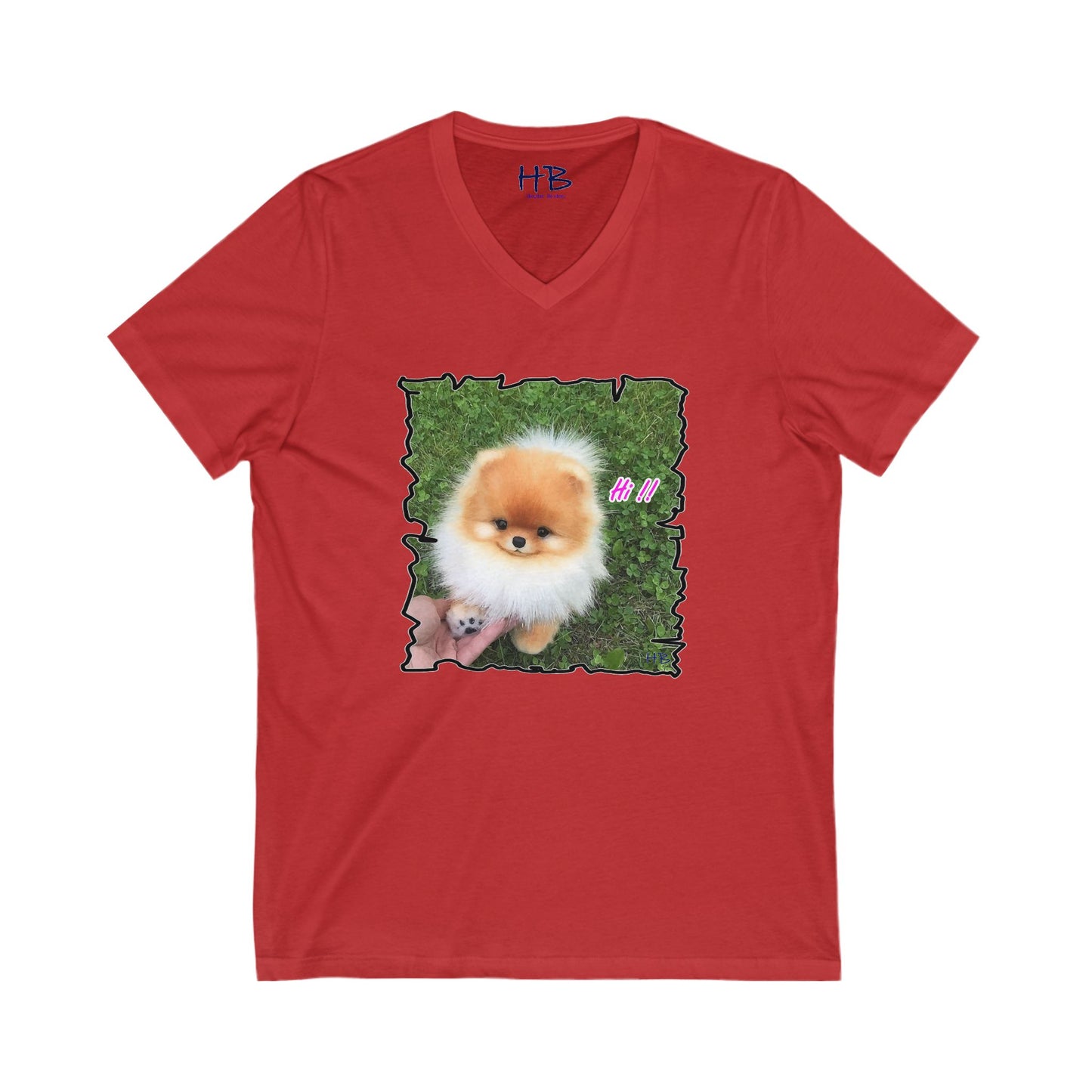 "Hi !!" Tiny adorable Bichon Maltese  (Unisex Jersey Short Sleeve V-neck - Comfortable Everyday Wear)