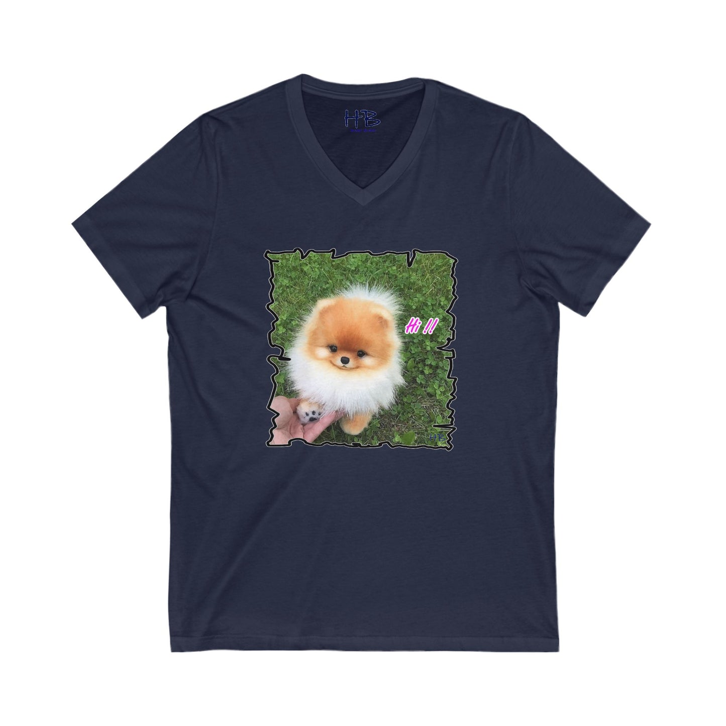 "Hi !!" Tiny adorable Bichon Maltese  (Unisex Jersey Short Sleeve V-neck - Comfortable Everyday Wear)