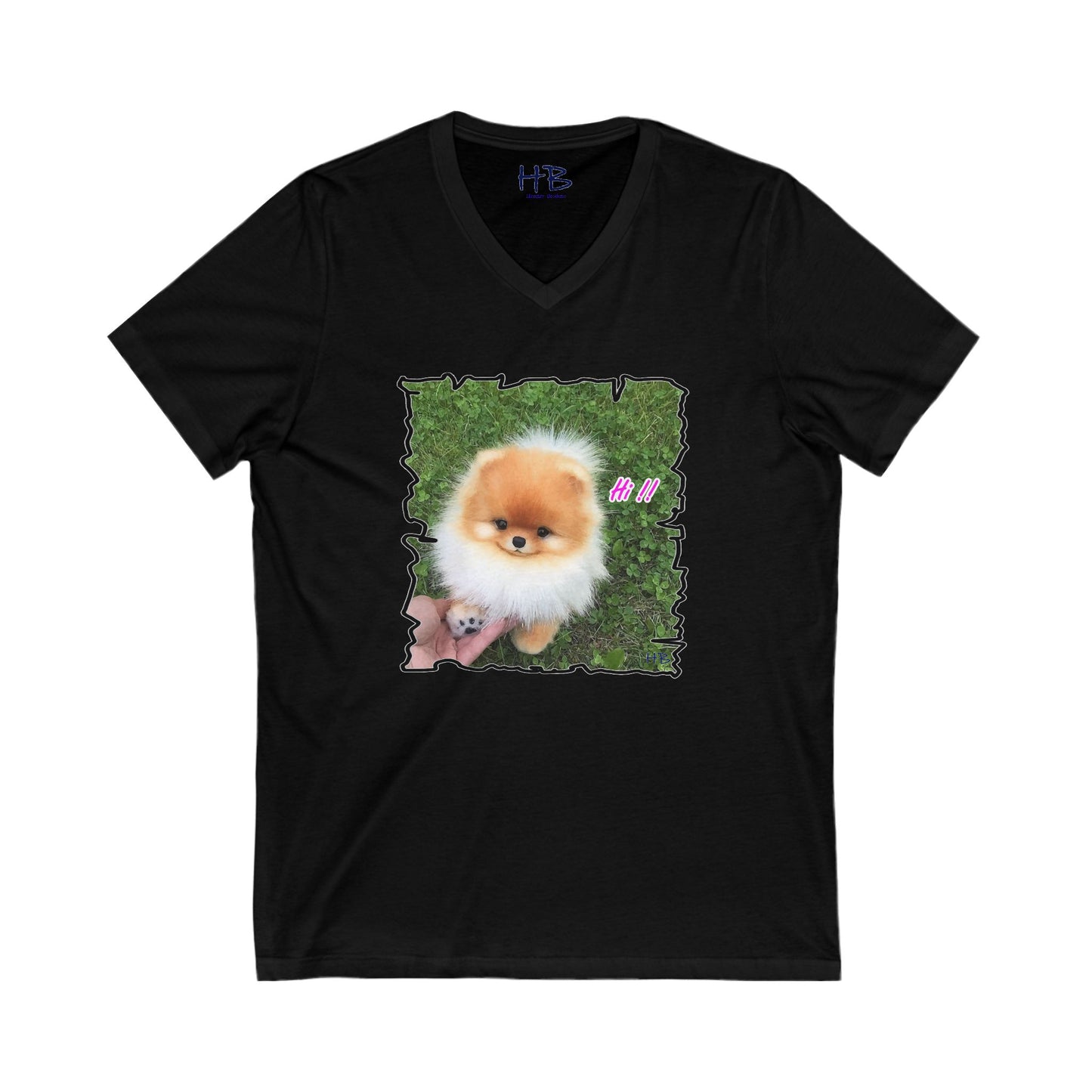 "Hi !!" Tiny adorable Bichon Maltese  (Unisex Jersey Short Sleeve V-neck - Comfortable Everyday Wear)