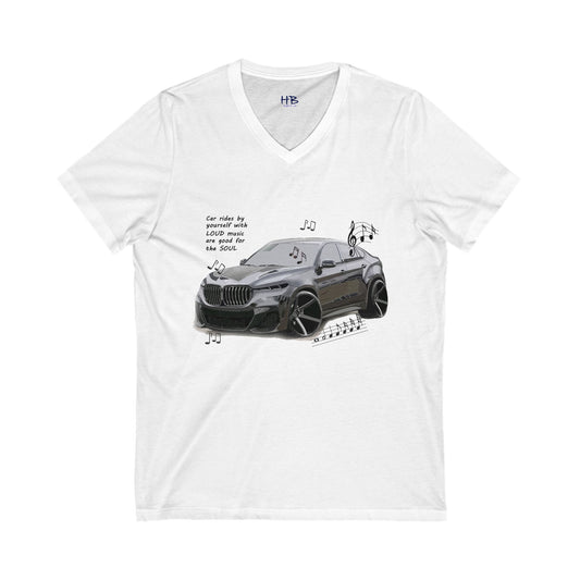 Car rides by yourself with LOUD music is good for the soul. Serenity. WANNA JOIN???  (Unisex Jersey Short Sleeve V-neck - Comfortable Everyday Wear)