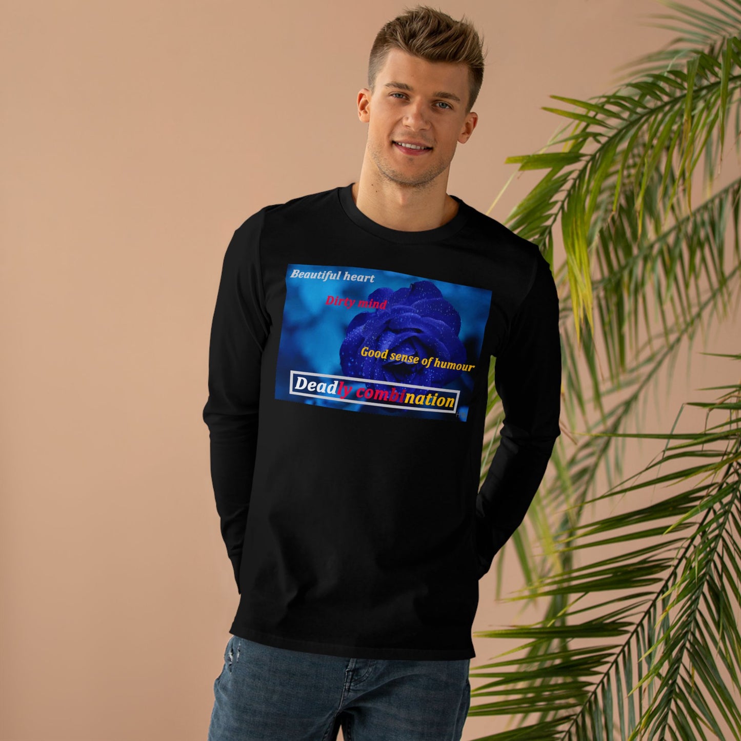 Sophisticated Edge Deadly Combo Elegance meets Attitude using Dark Blue Rose (Men's Base Longsleeve Tee - All-Season Wear)