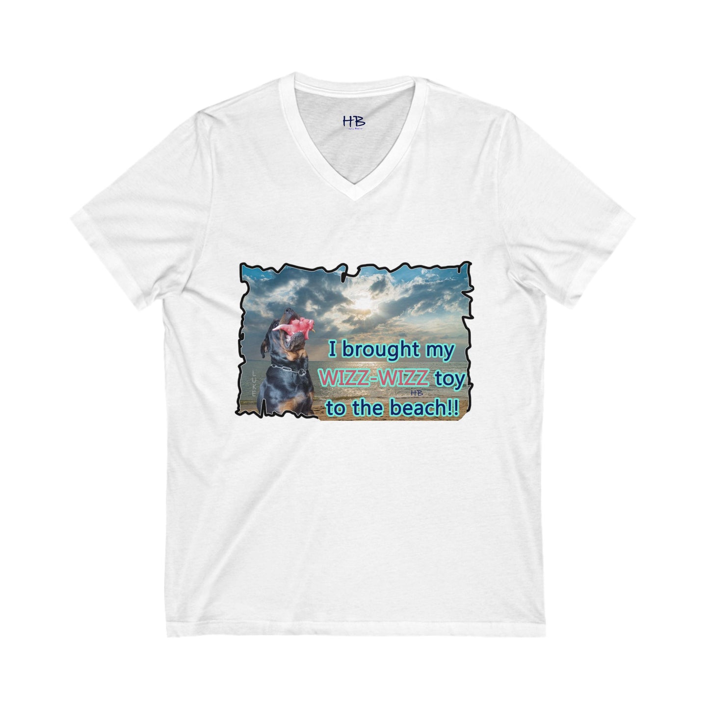 Luke (male Rothweiler) & Wizz Wizz at the beach (Unisex Jersey Short Sleeve V-neck - Comfortable Everyday Wear)