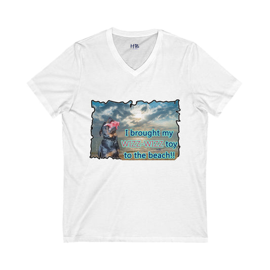 Luke (male Rothweiler) & Wizz Wizz at the beach (Unisex Jersey Short Sleeve V-neck - Comfortable Everyday Wear)