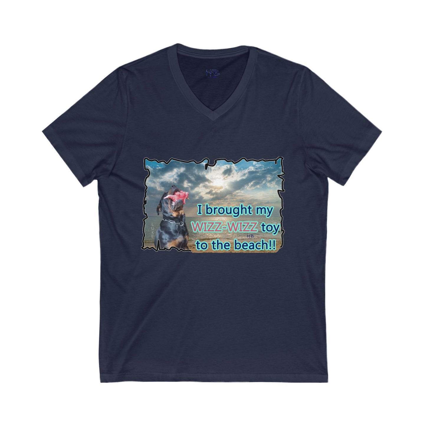 Luke (male Rothweiler) & Wizz Wizz at the beach (Unisex Jersey Short Sleeve V-neck - Comfortable Everyday Wear)