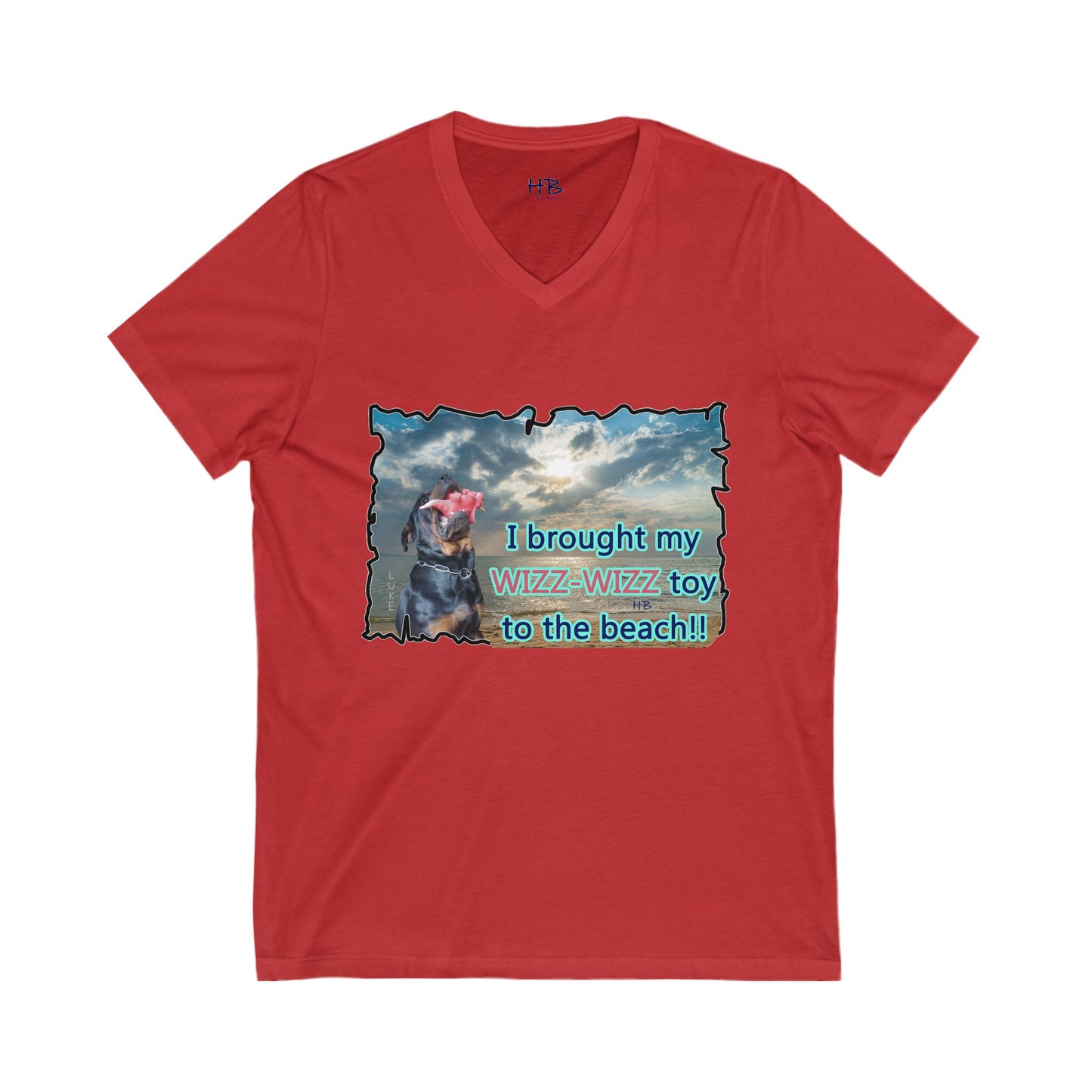 Luke (male Rothweiler) & Wizz Wizz at the beach (Unisex Jersey Short Sleeve V-neck - Comfortable Everyday Wear)