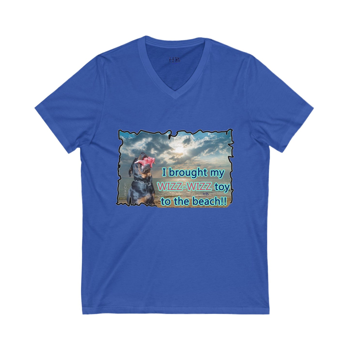 Luke (male Rothweiler) & Wizz Wizz at the beach (Unisex Jersey Short Sleeve V-neck - Comfortable Everyday Wear)