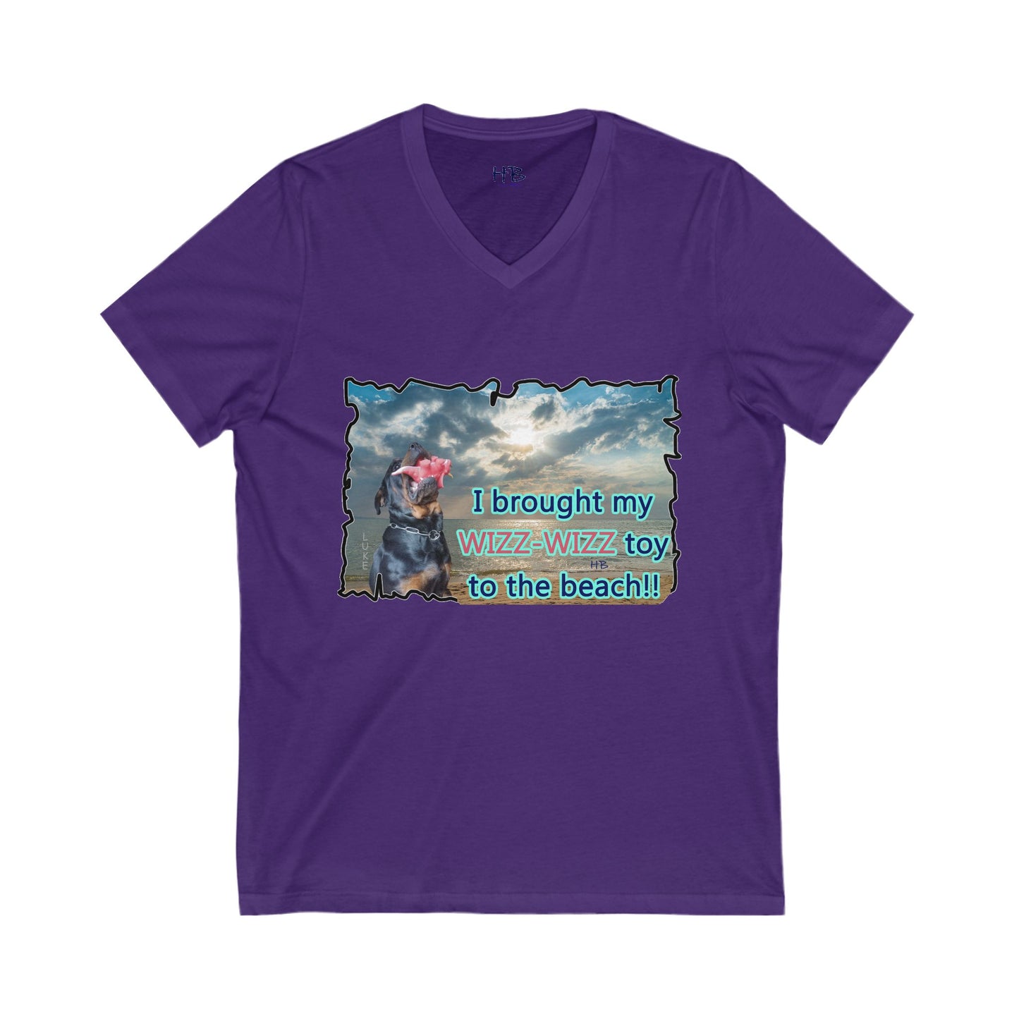 Luke (male Rothweiler) & Wizz Wizz at the beach (Unisex Jersey Short Sleeve V-neck - Comfortable Everyday Wear)