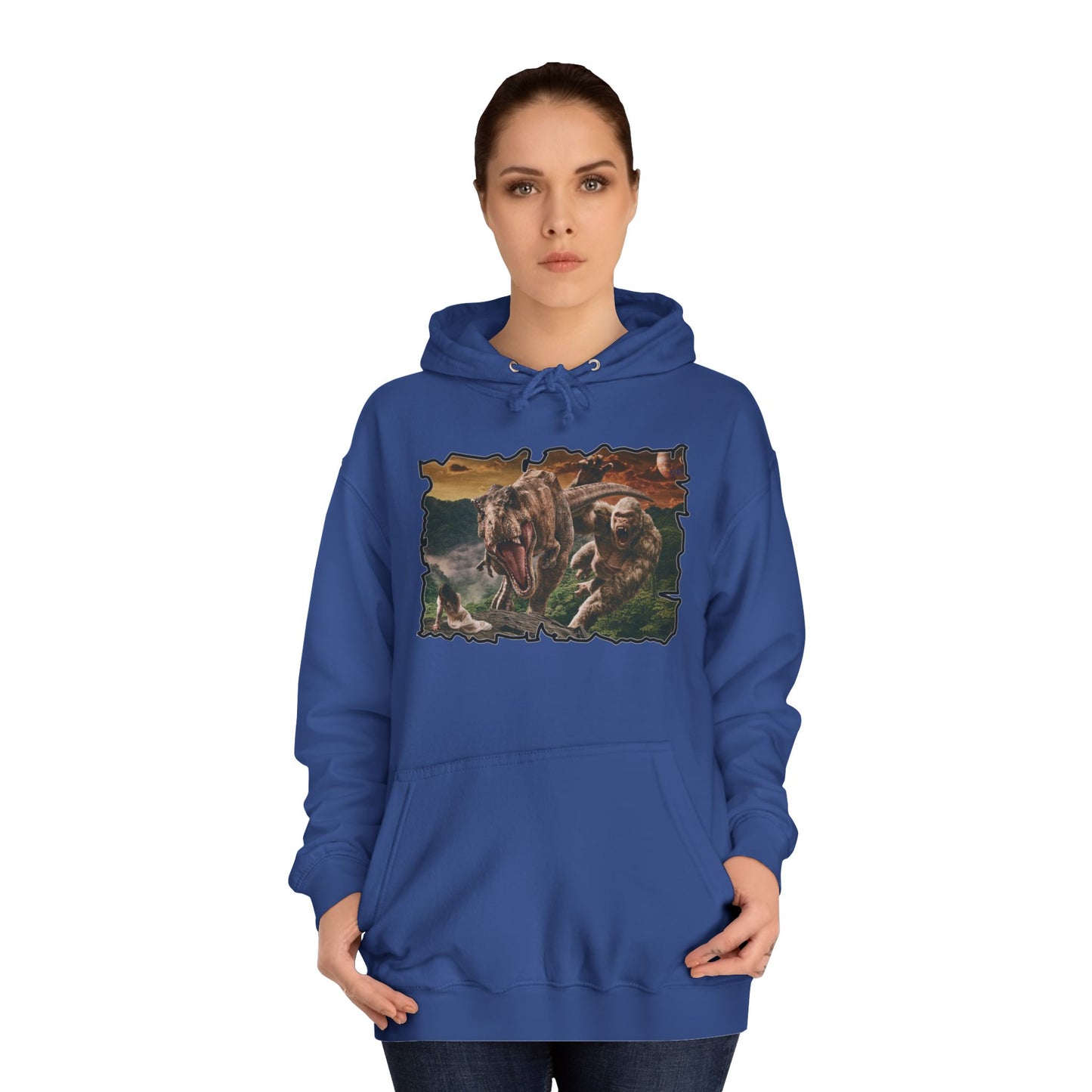 Get Yours Now -- Gorilla vs T-Rex saving woman in distress  (Hoodie - Cozy and Durable)