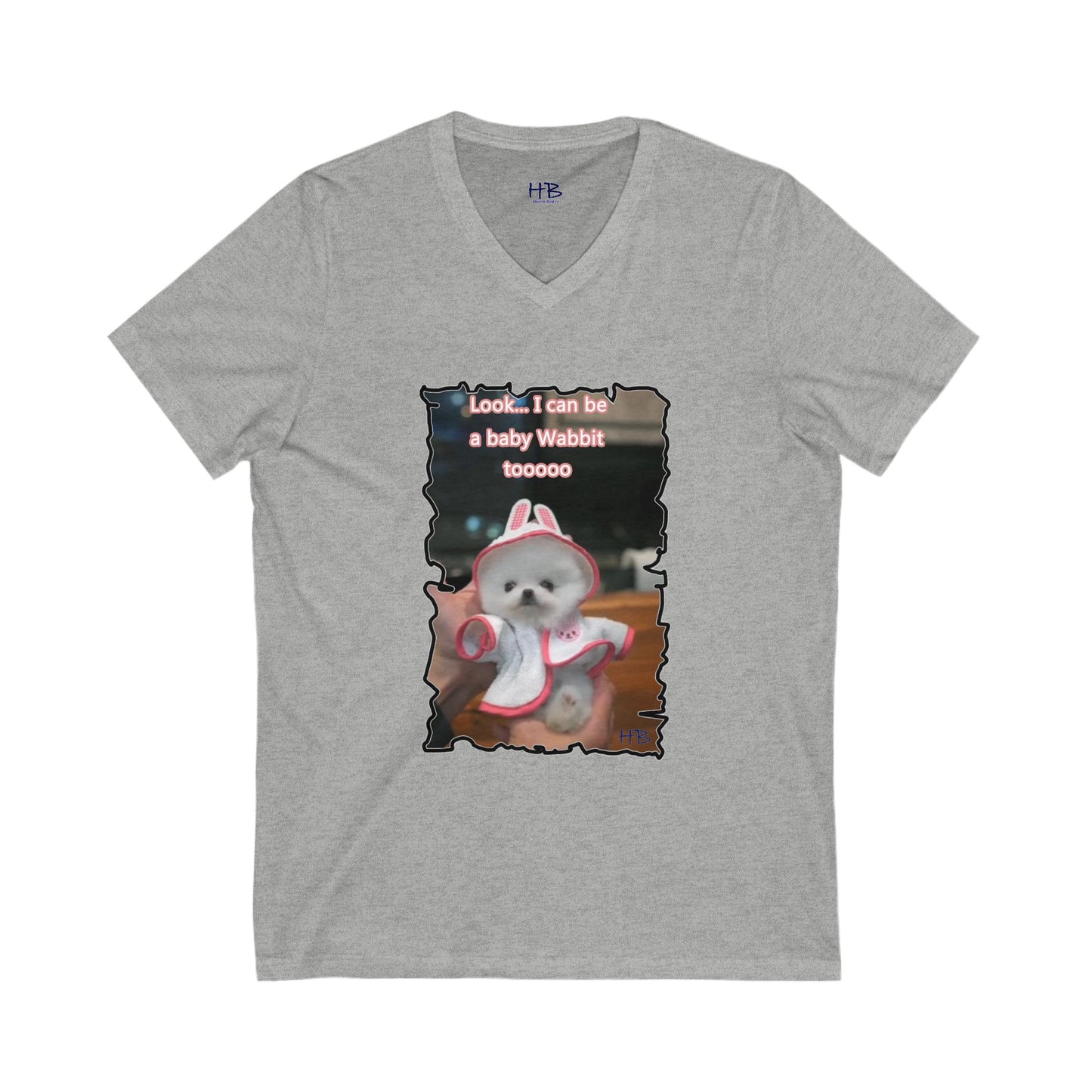 Bichon Maltese puppy dressed in a cute rabbit costume (Unisex Jersey Short Sleeve V-neck - Comfortable Everyday Wear)