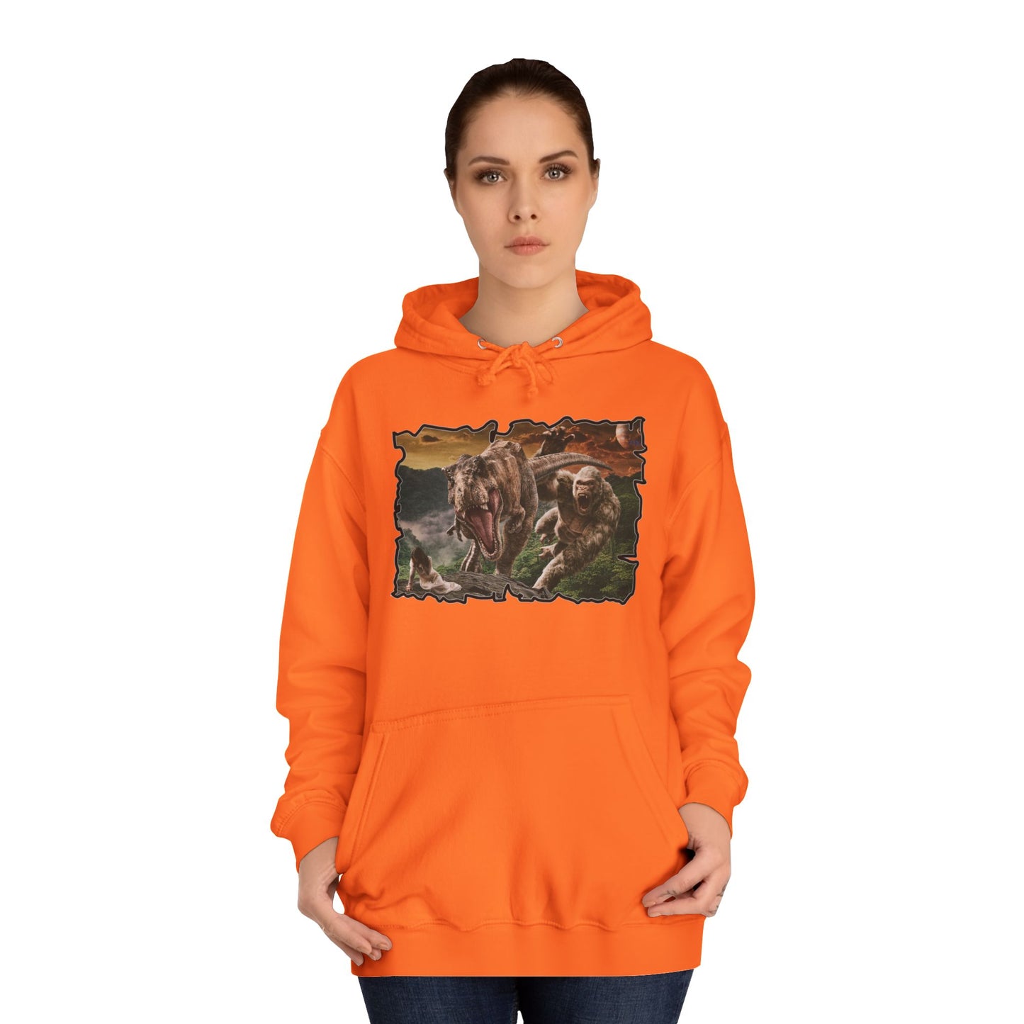 Get Yours Now -- Gorilla vs T-Rex saving woman in distress  (Hoodie - Cozy and Durable)