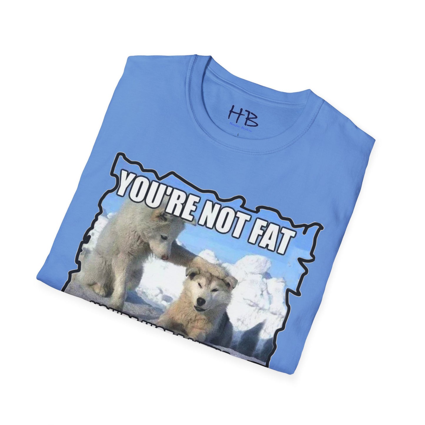 Two chubby husky dogs comforting each other about being husky