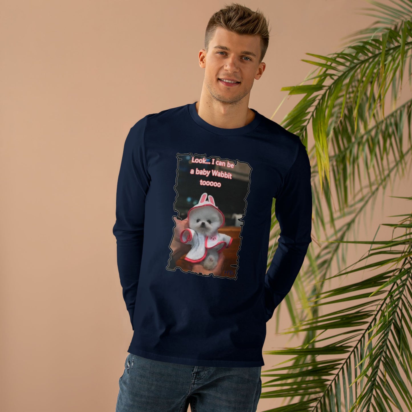 Bichon Maltese puppy dressed in a cute rabbit costume (Men's Base Longsleeve Tee - All-Season Wear)