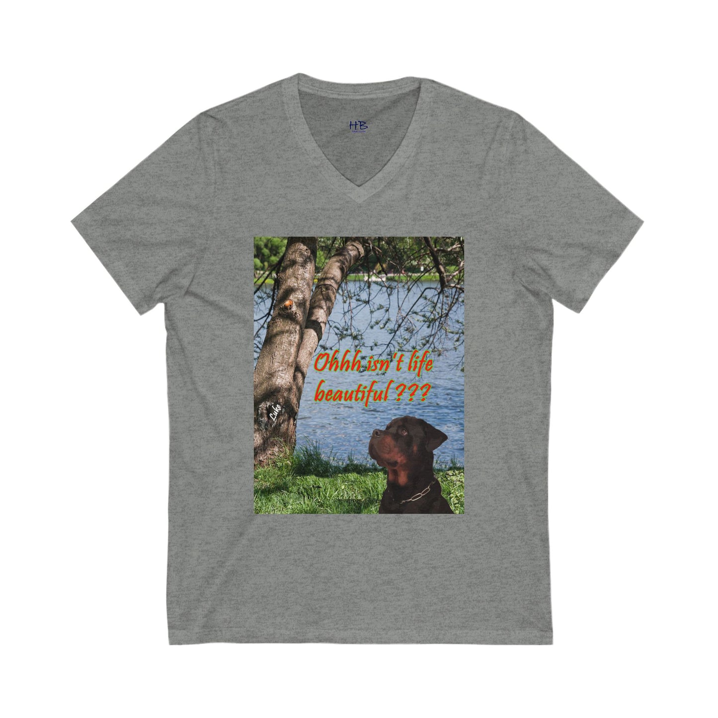 Luke the Rothweiler pondering on how life is beautiful  (Unisex Jersey Short Sleeve V-neck - Comfortable Everyday Wear)