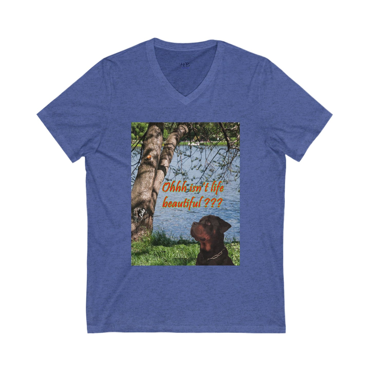 Luke the Rothweiler pondering on how life is beautiful  (Unisex Jersey Short Sleeve V-neck - Comfortable Everyday Wear)