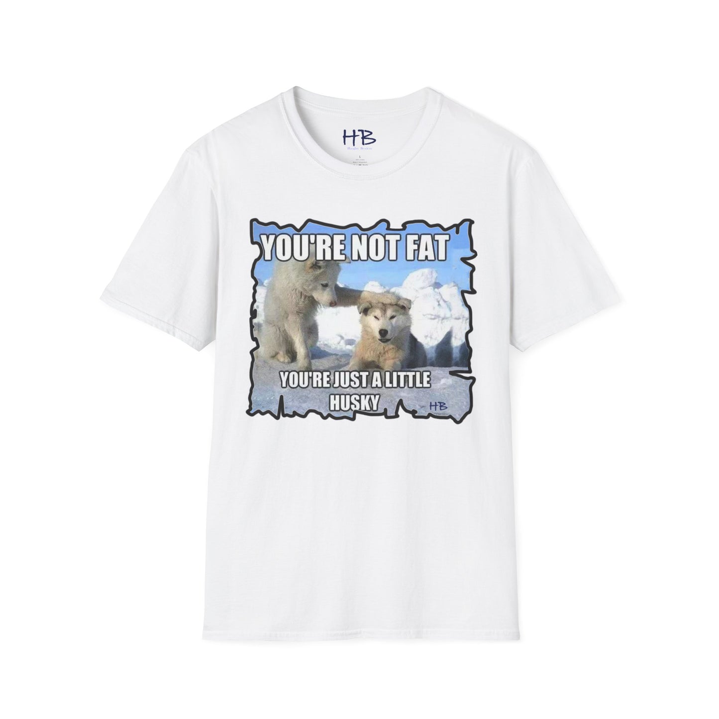 Two chubby husky dogs comforting each other about being husky