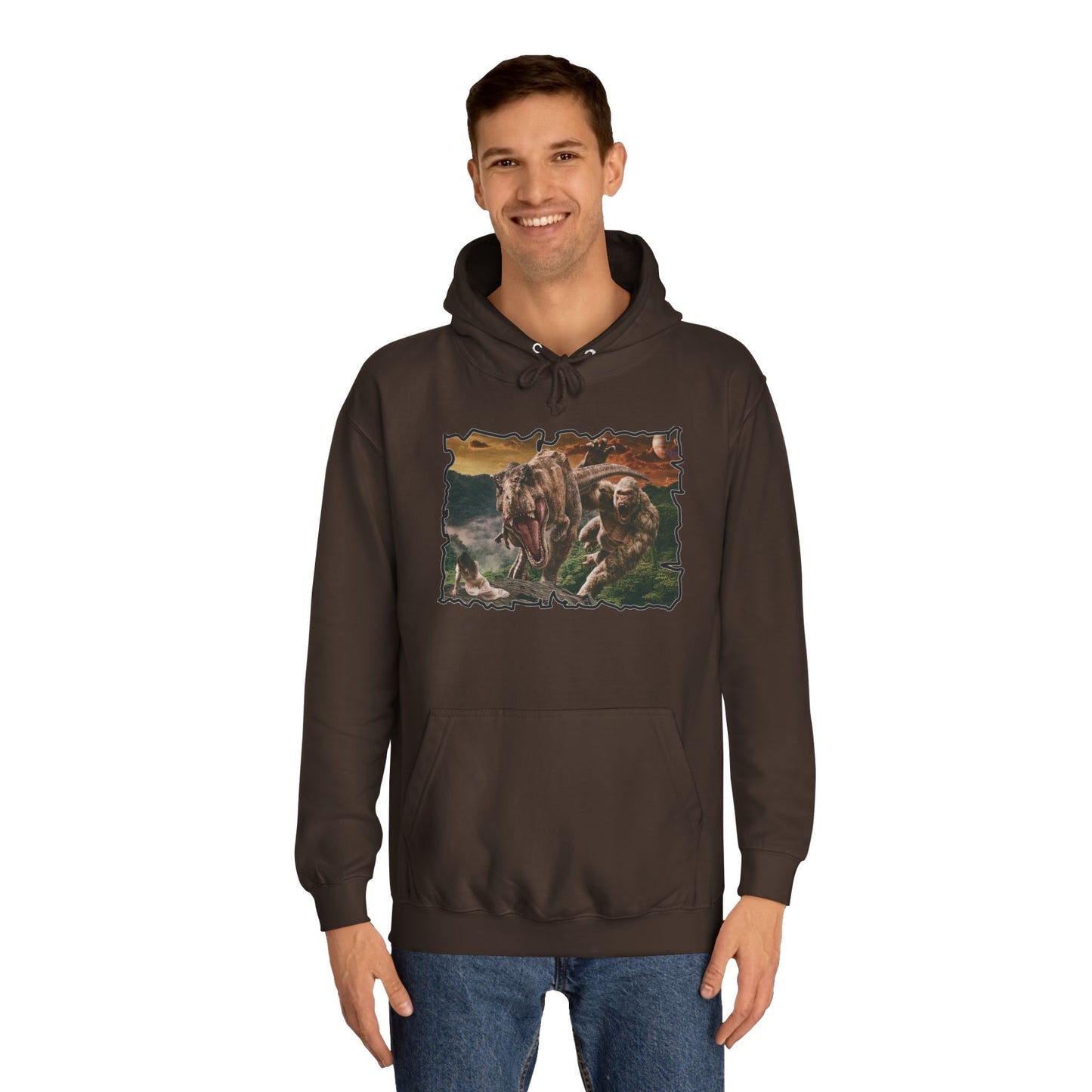 Get Yours Now -- Gorilla vs T-Rex saving woman in distress  (Hoodie - Cozy and Durable)