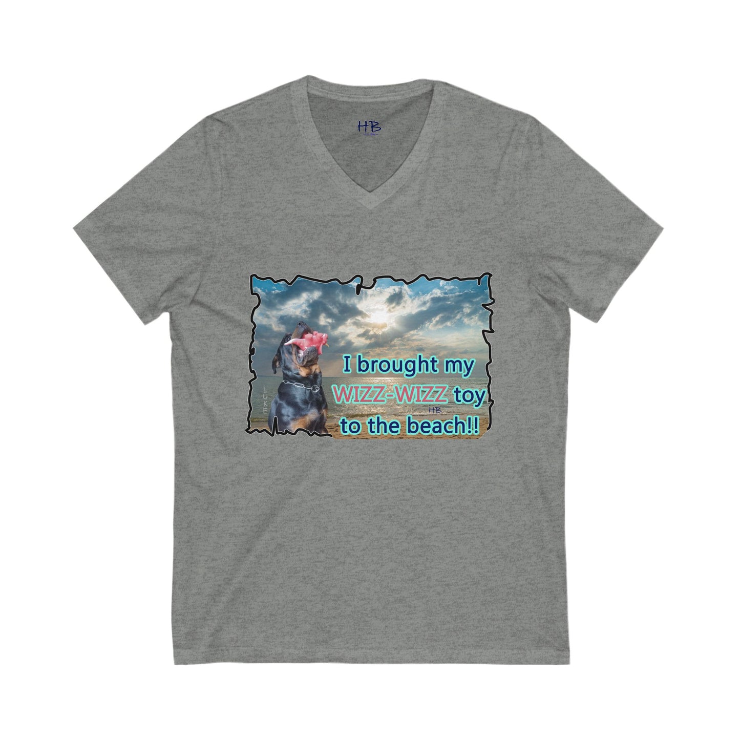 Luke (male Rothweiler) & Wizz Wizz at the beach (Unisex Jersey Short Sleeve V-neck - Comfortable Everyday Wear)