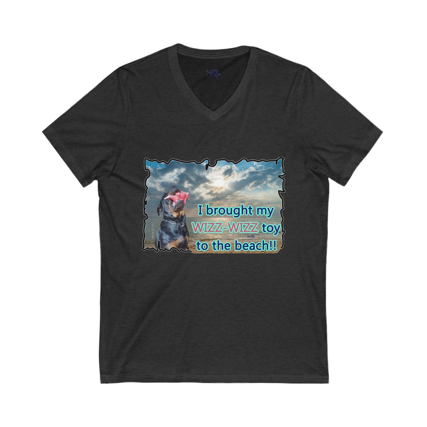 Luke (male Rothweiler) & Wizz Wizz at the beach (Unisex Jersey Short Sleeve V-neck - Comfortable Everyday Wear)