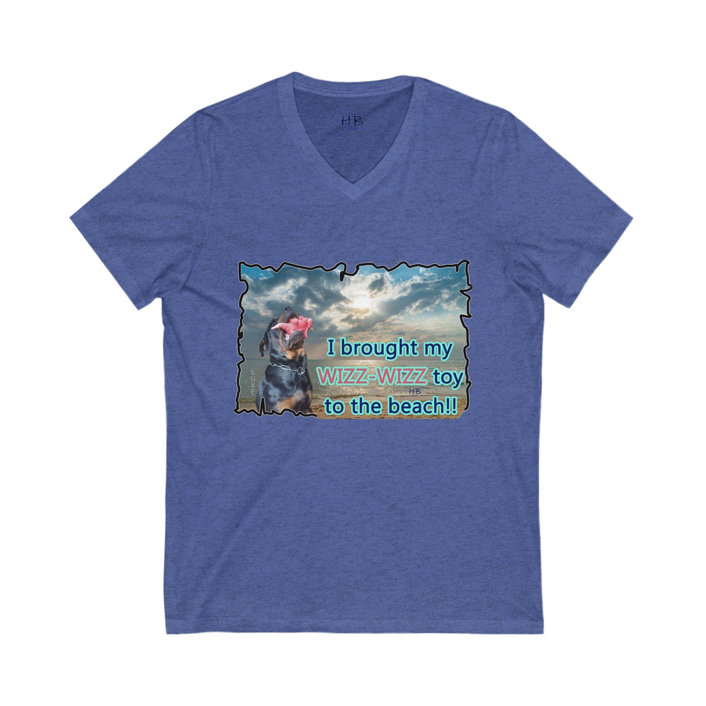 Luke (male Rothweiler) & Wizz Wizz at the beach (Unisex Jersey Short Sleeve V-neck - Comfortable Everyday Wear)