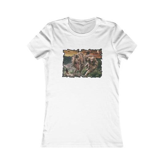 Gorilla vs T-Rex saving woman in distress  (Women - Premium Cotton Tee)
