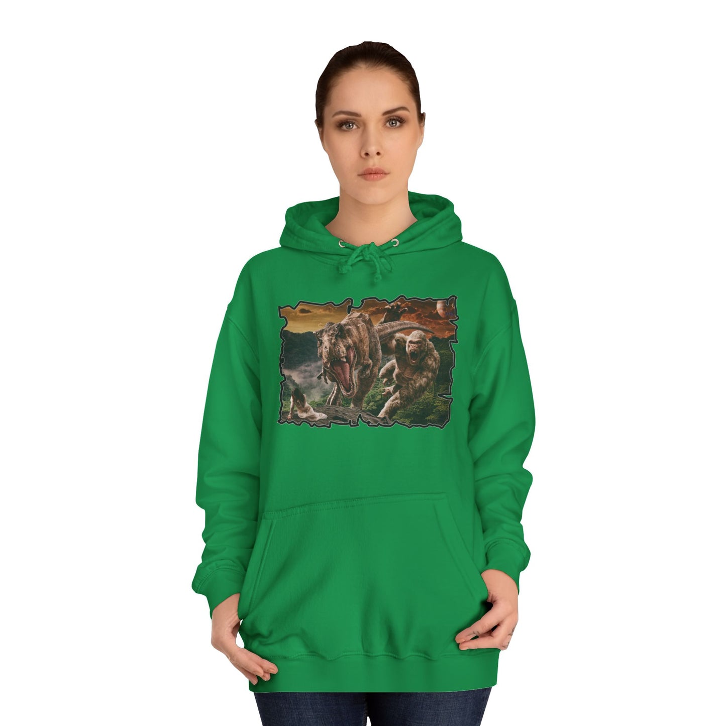 Get Yours Now -- Gorilla vs T-Rex saving woman in distress  (Hoodie - Cozy and Durable)