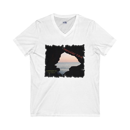 Tanger's Treasure Hercules' Cave Sunset (Unisex Jersey Short Sleeve V-neck - Comfortable Everyday Wear)