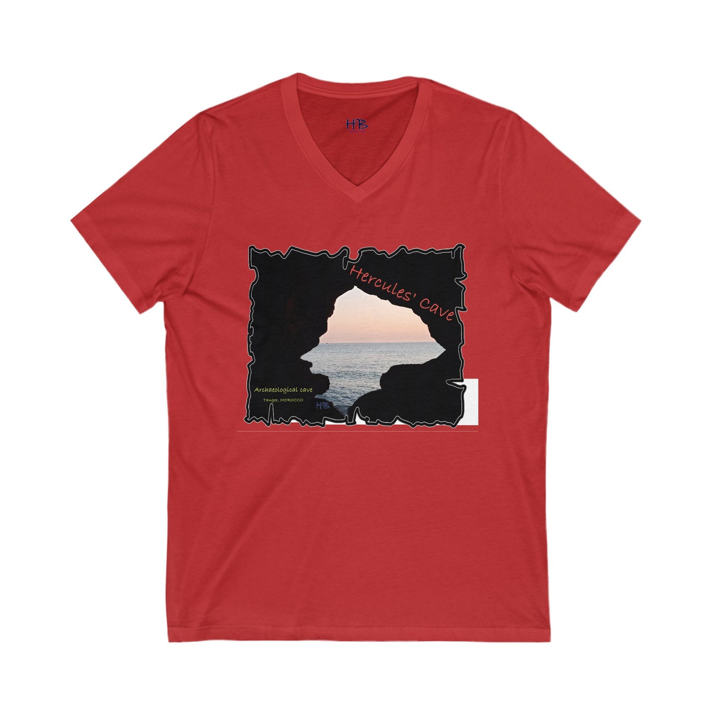 Tanger's Treasure Hercules' Cave Sunset (Unisex Jersey Short Sleeve V-neck - Comfortable Everyday Wear)