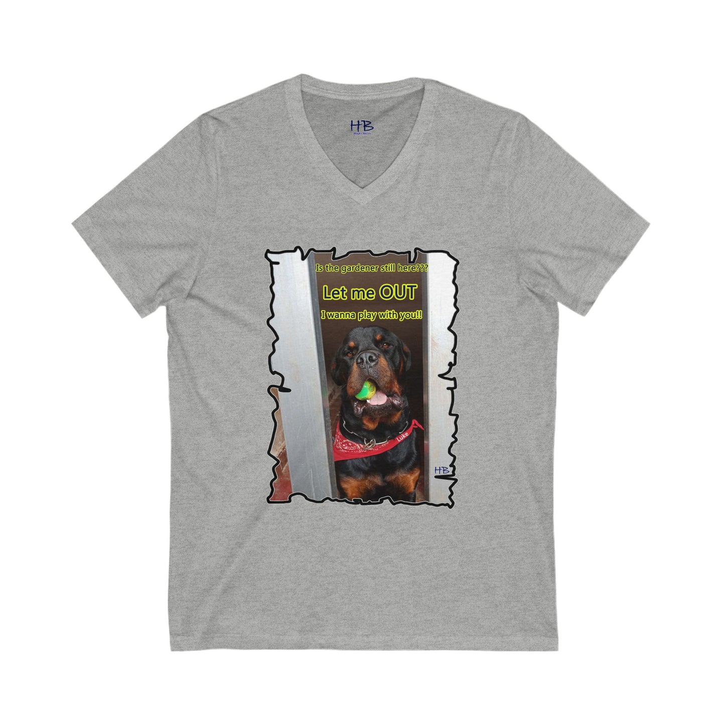 Luke (Male Rottie) with ball begging to play (Unisex Jersey Short Sleeve V-neck - Comfortable Everyday Wear)